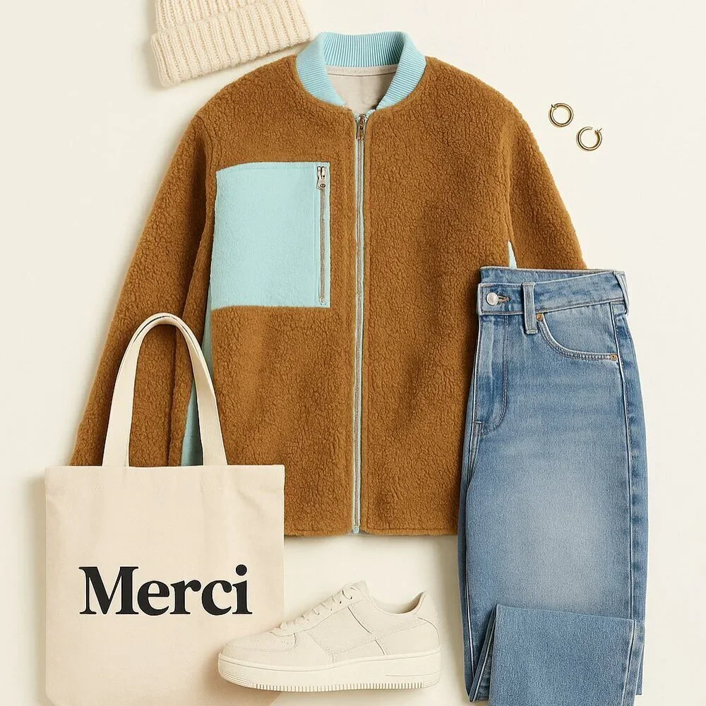 FREE PEOPLE We The Free Brown Sherpa Jacket with Aqua Trim - Size M - Picture 1 of 8